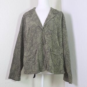 FLAX Women’s Medium Green Floral Embroidered Button Jacket – 100% Cotton